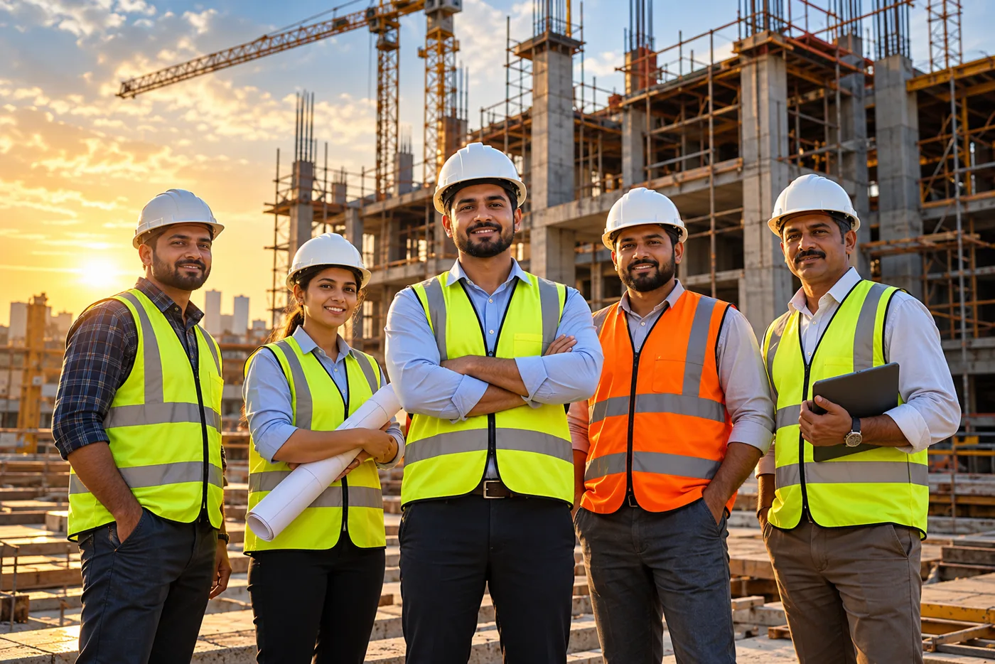 MMJ CONSTRUCTIONS engineers and site supervisors standing together on a building site at sunset