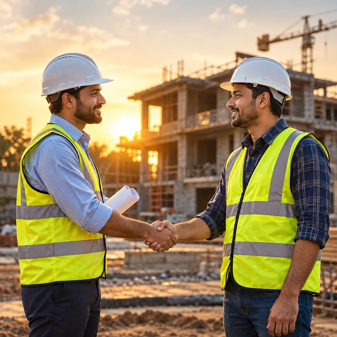 Two MMJ engineers shaking hands in front of a building under construction at sunset