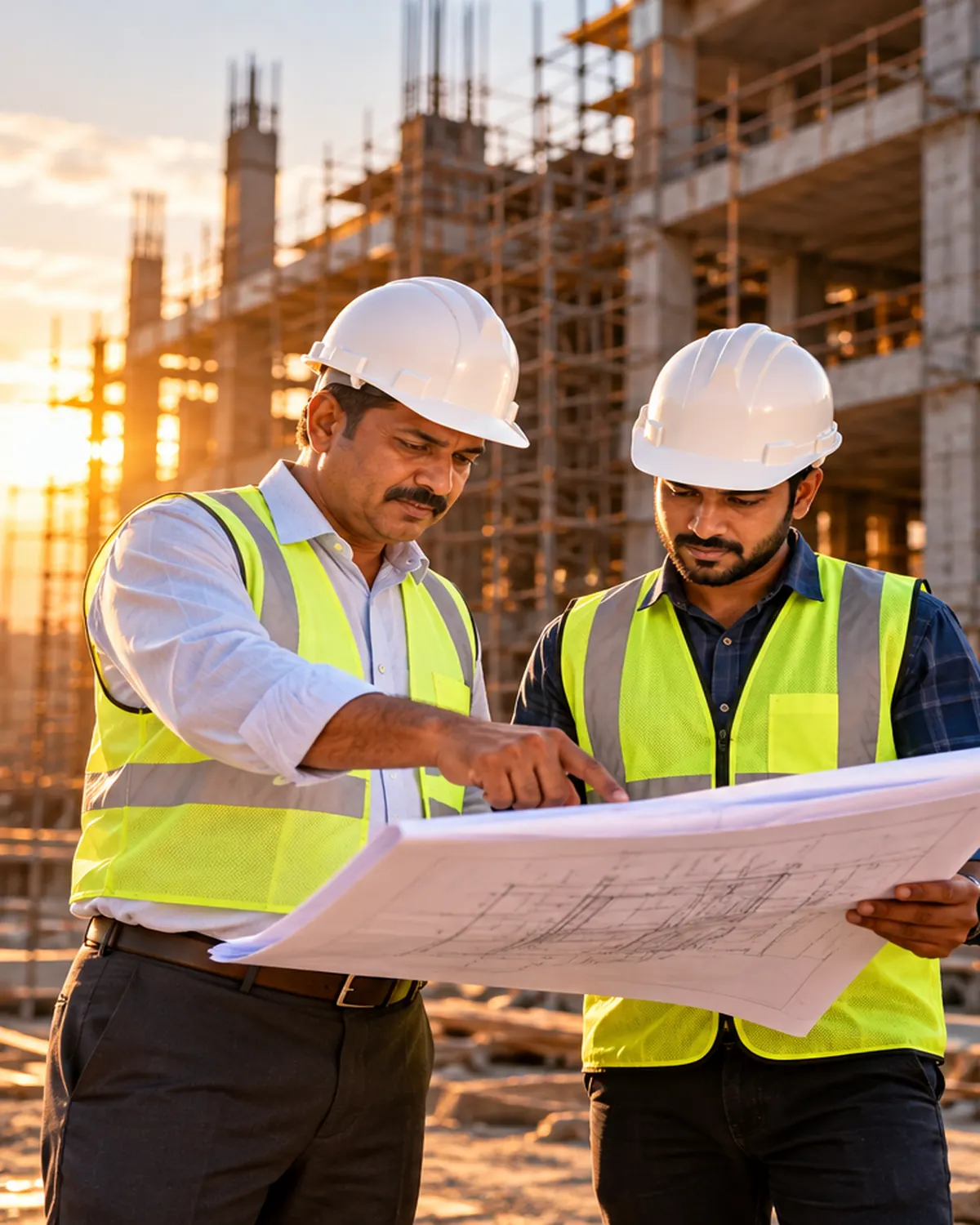 Two MMJ engineers reviewing building plans on site at sunset