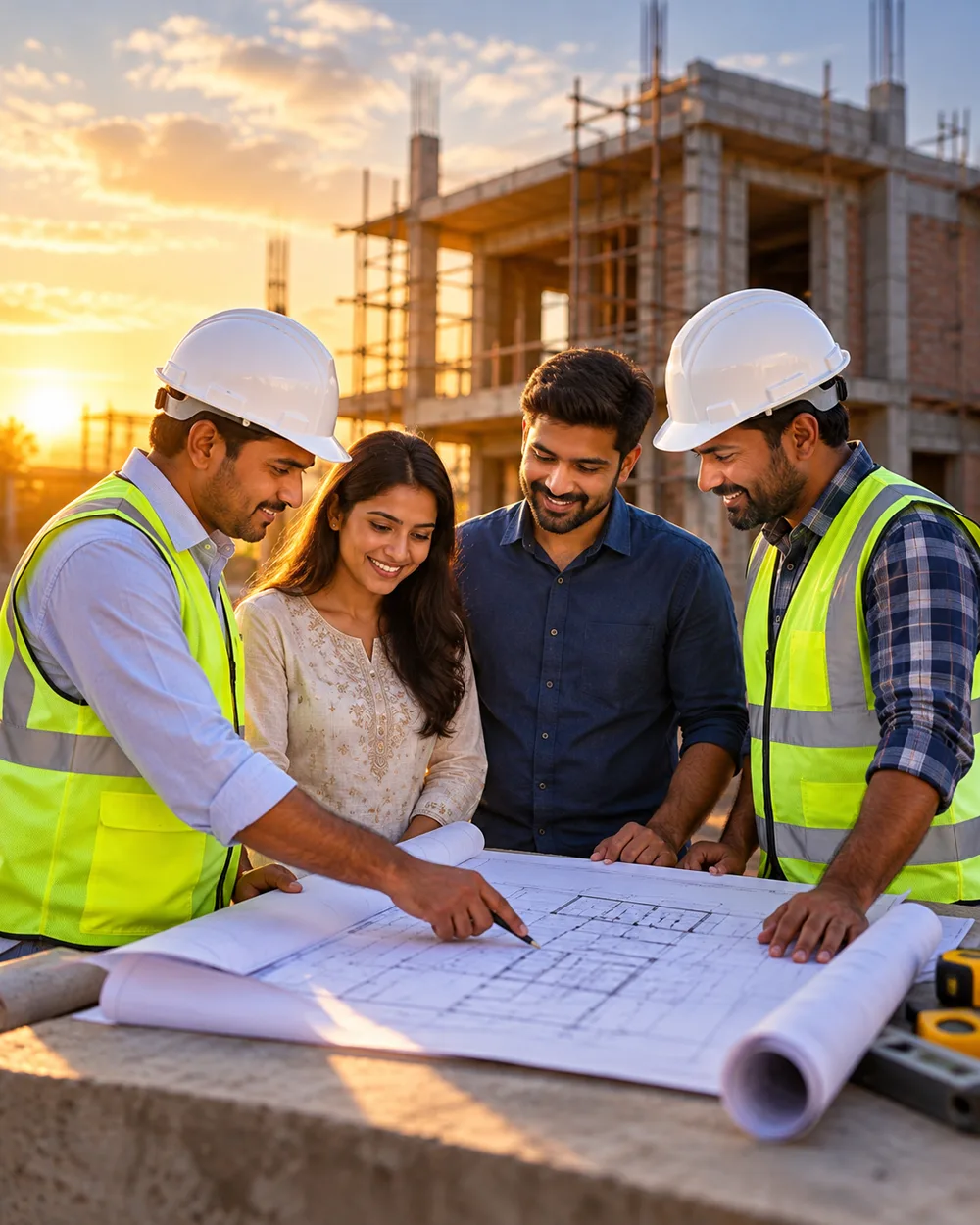 MMJ engineers discussing building plans with a client couple on site at sunset