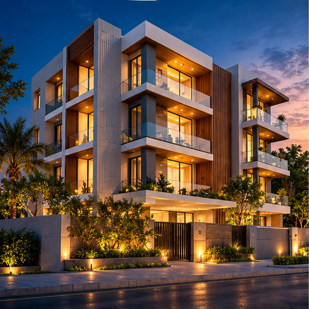 3D architectural visualization of a modern residential building at dusk