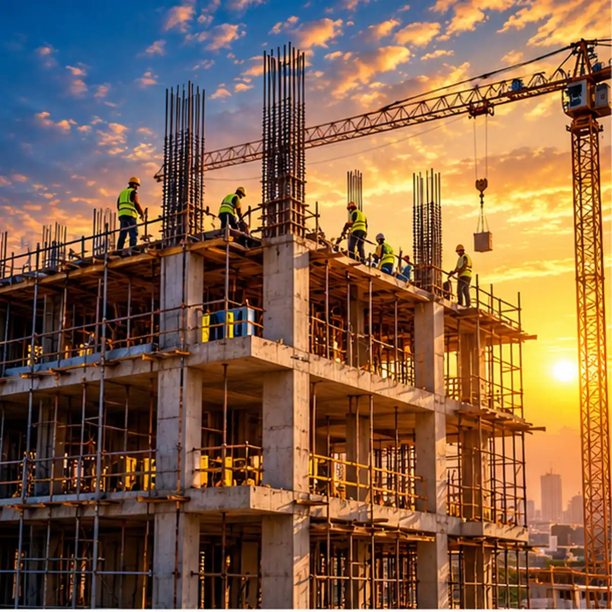 Workers on a reinforced-concrete building under construction at sunset