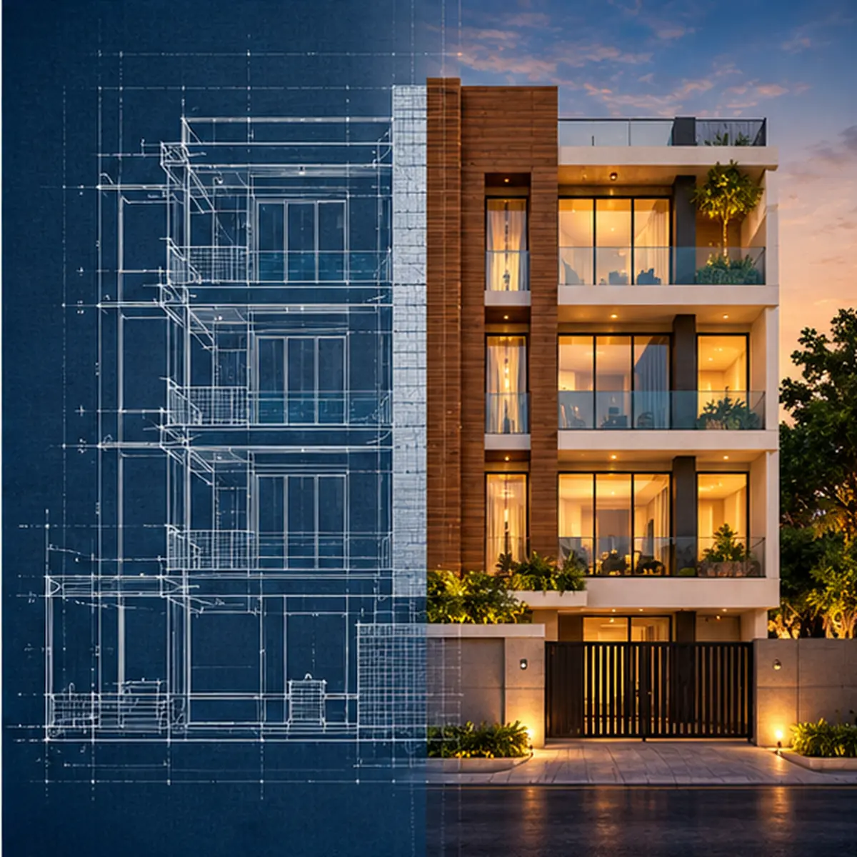 Building elevation drawing transitioning into the finished facade