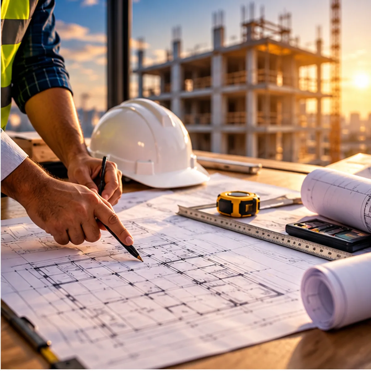 Engineer marking a building floor plan with a pencil on site