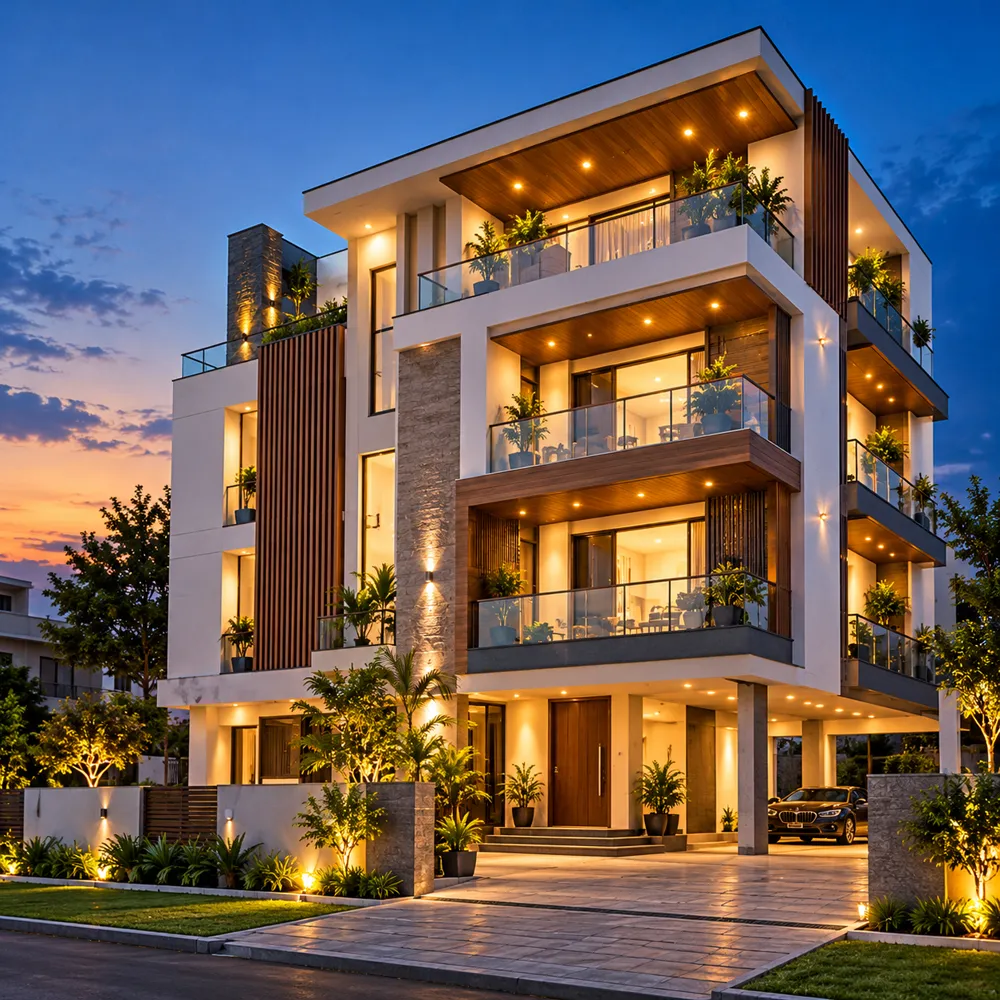 3D visualization of a modern four-storey residential building at dusk