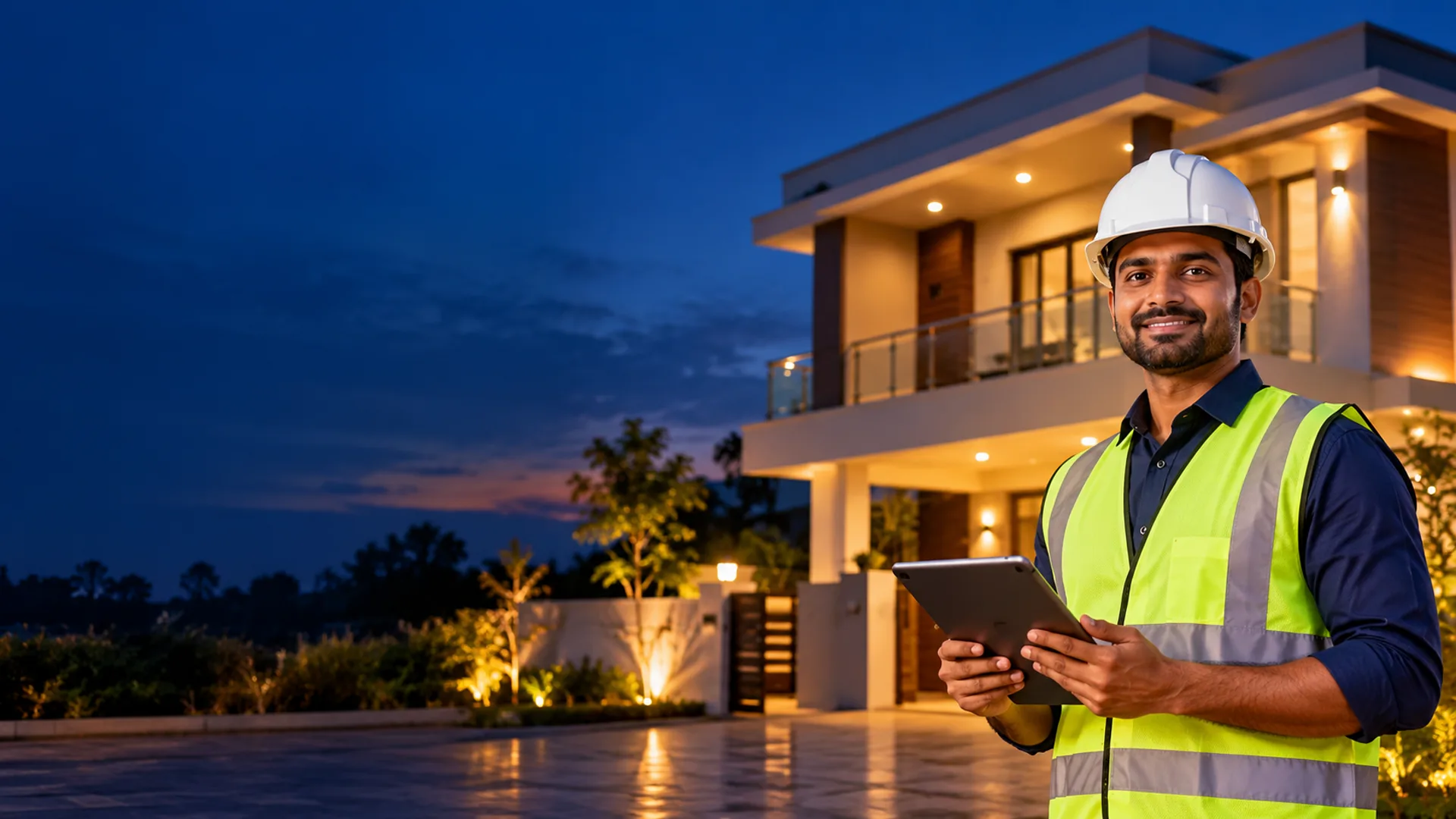 MMJ engineer with a tablet in front of a completed modern house at dusk