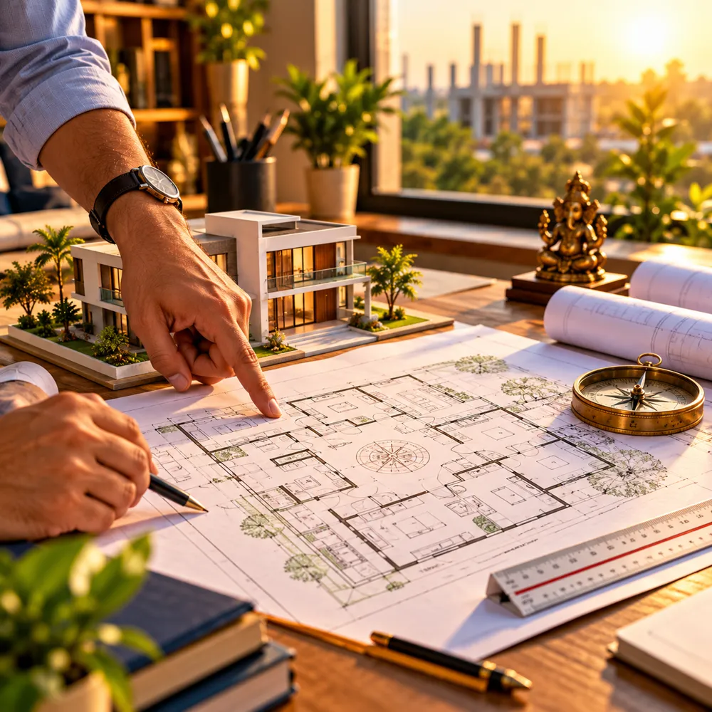 Architect pointing at a Vasthu floor plan with a compass and scale house model on the desk