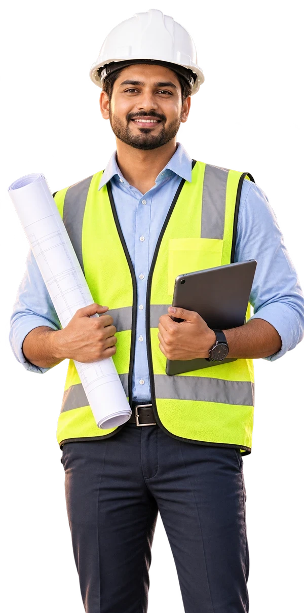 MMJ CONSTRUCTIONS civil engineer holding building plans and a tablet